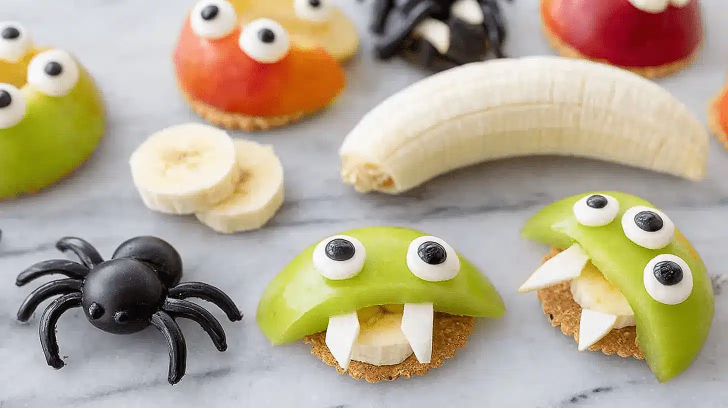 Whimsical apple monsters with candy eyes and fangs, arranged on crackers, showcasing creative and healthy Halloween snack ideas.