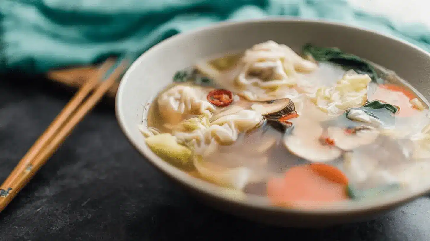 Steaming bowl of Asian wonton soup with dumplings, vegetables, and mushrooms, a perfect example of hearty soup recipes.
