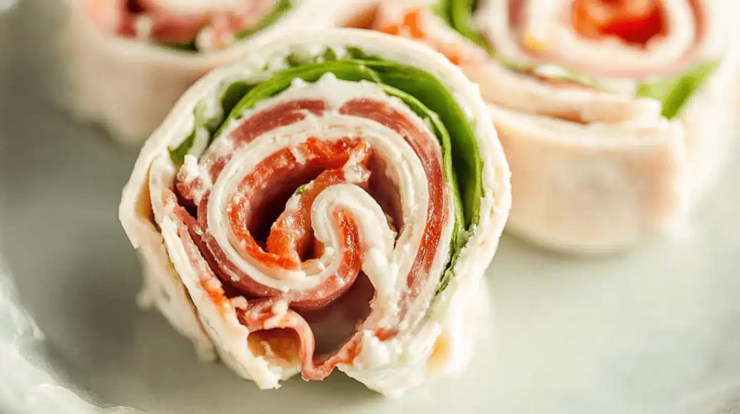Close-up of vibrant, freshly cut Italian pinwheels revealing layers of deli meats, cream cheese, and lettuce.