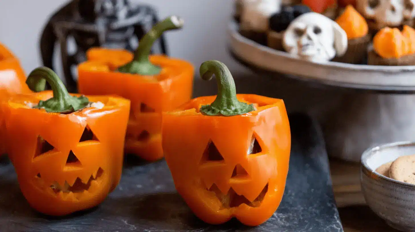 Festive Jack-O’-Lantern Stuffed Peppers with Halloween cupcakes and and treats.