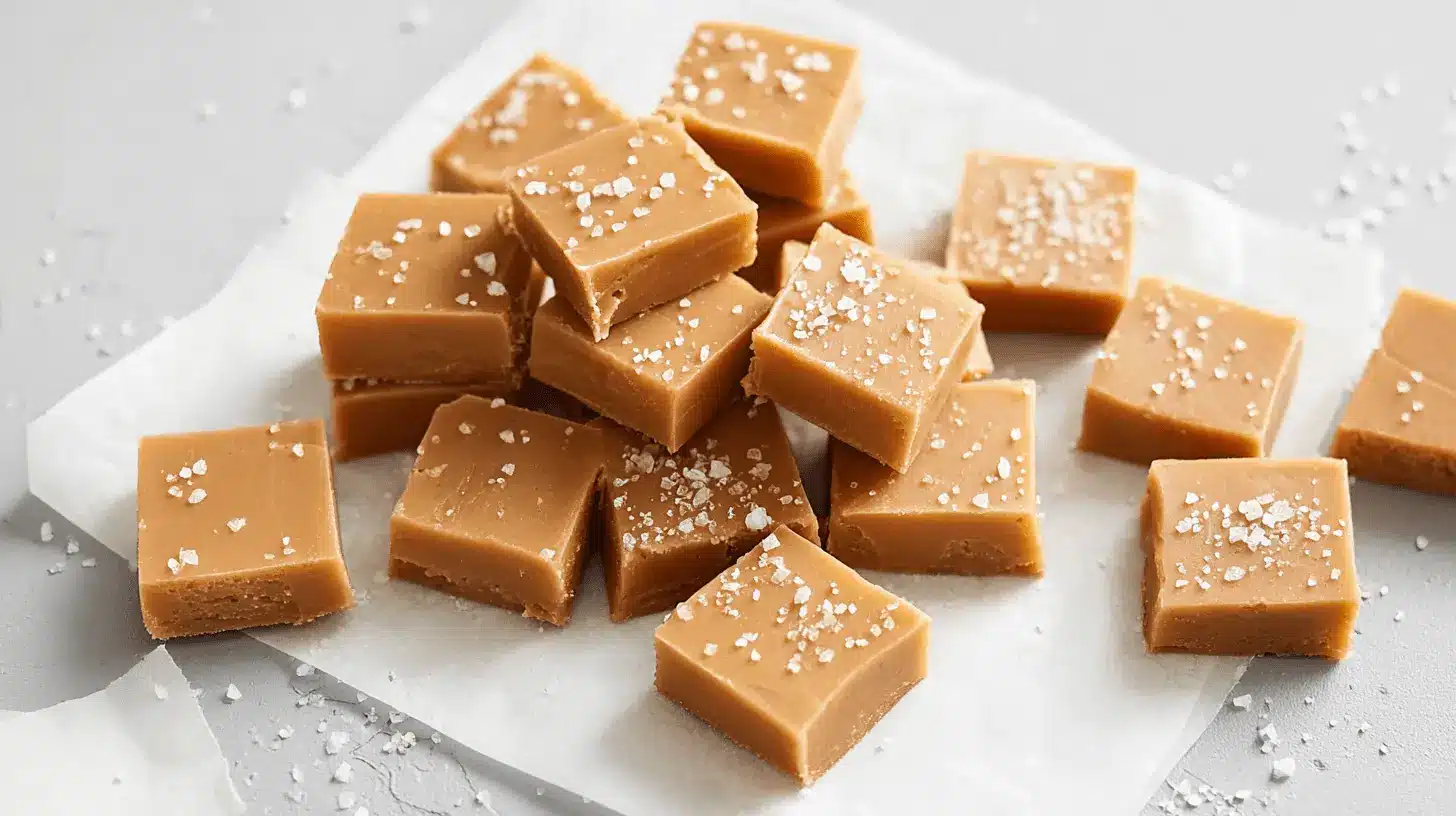 Homemade, salted caramel-colored fudge squares, an ideal choice for Low-Sugar Halloween Treats.
