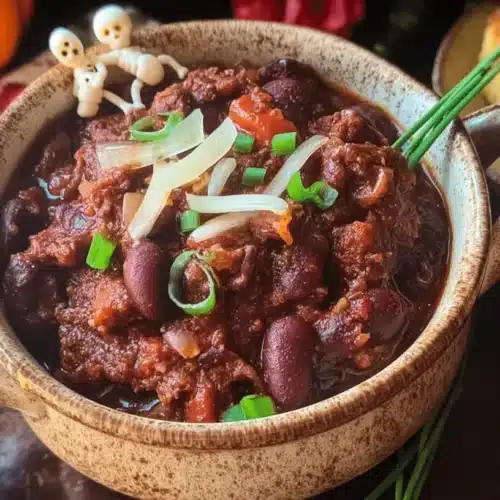 Hearty chili in a rustic bowl with Halloween skeletons and fall decor, a great choice for Protein-Packed Halloween Snacks.