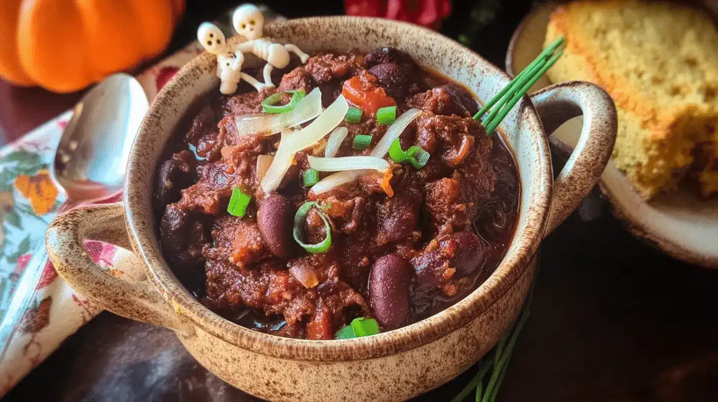 Hearty chili in a rustic bowl with Halloween skeletons and fall decor, a great choice for Protein-Packed Halloween Snacks.