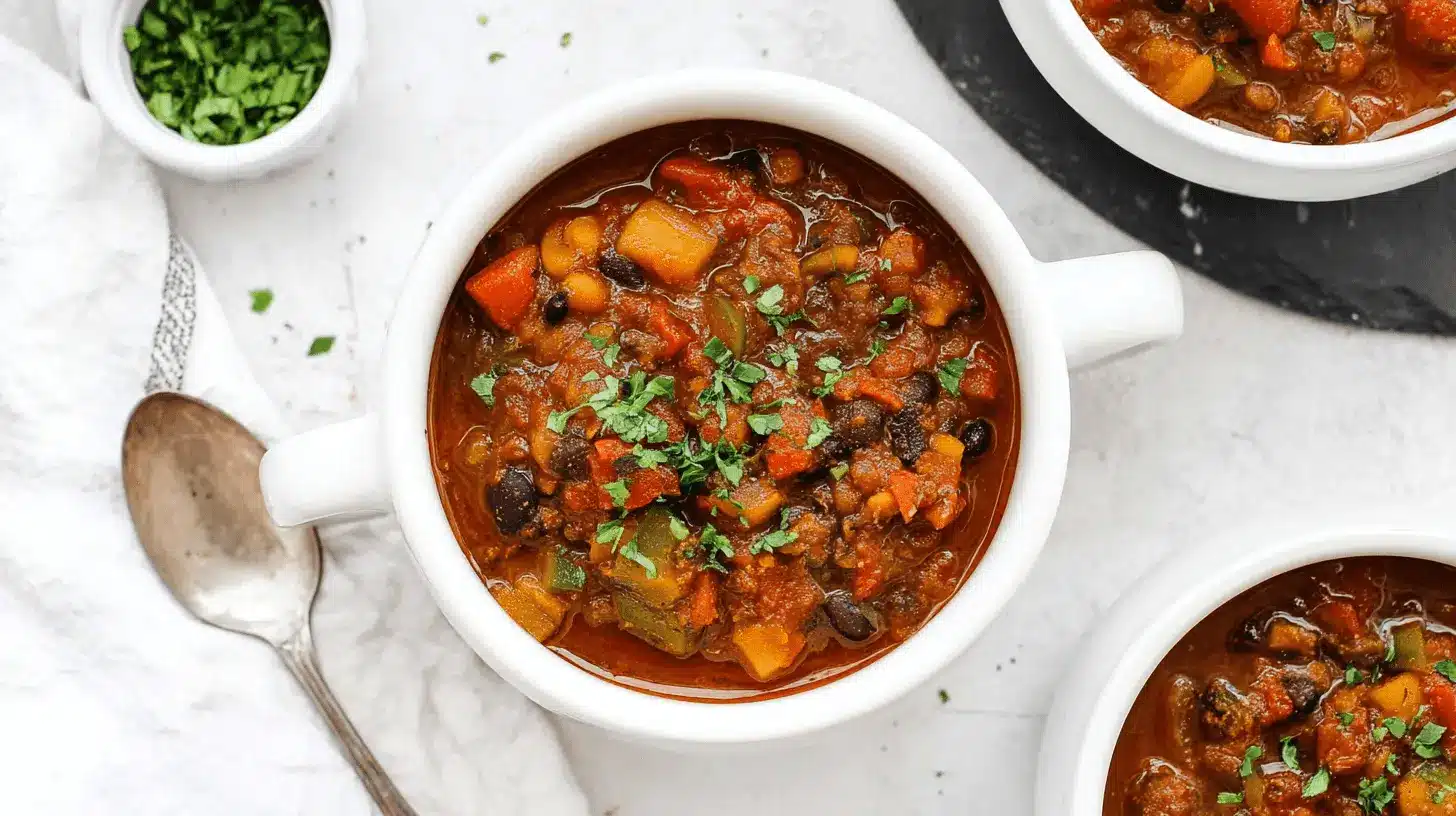 Overhead view of vibrant, rustic Pumpkin Chili served in white ceramic bowls, garnished with fresh green herbs and black beans.