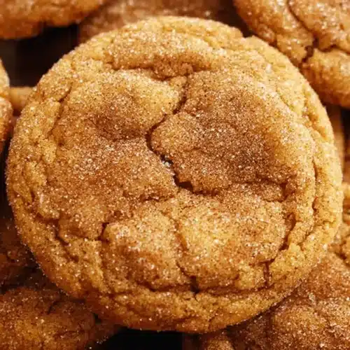 Close-up of freshly baked pumpkin cookies with crinkled, spiced sugar tops, perfect for a pumpkin cookie recipe.