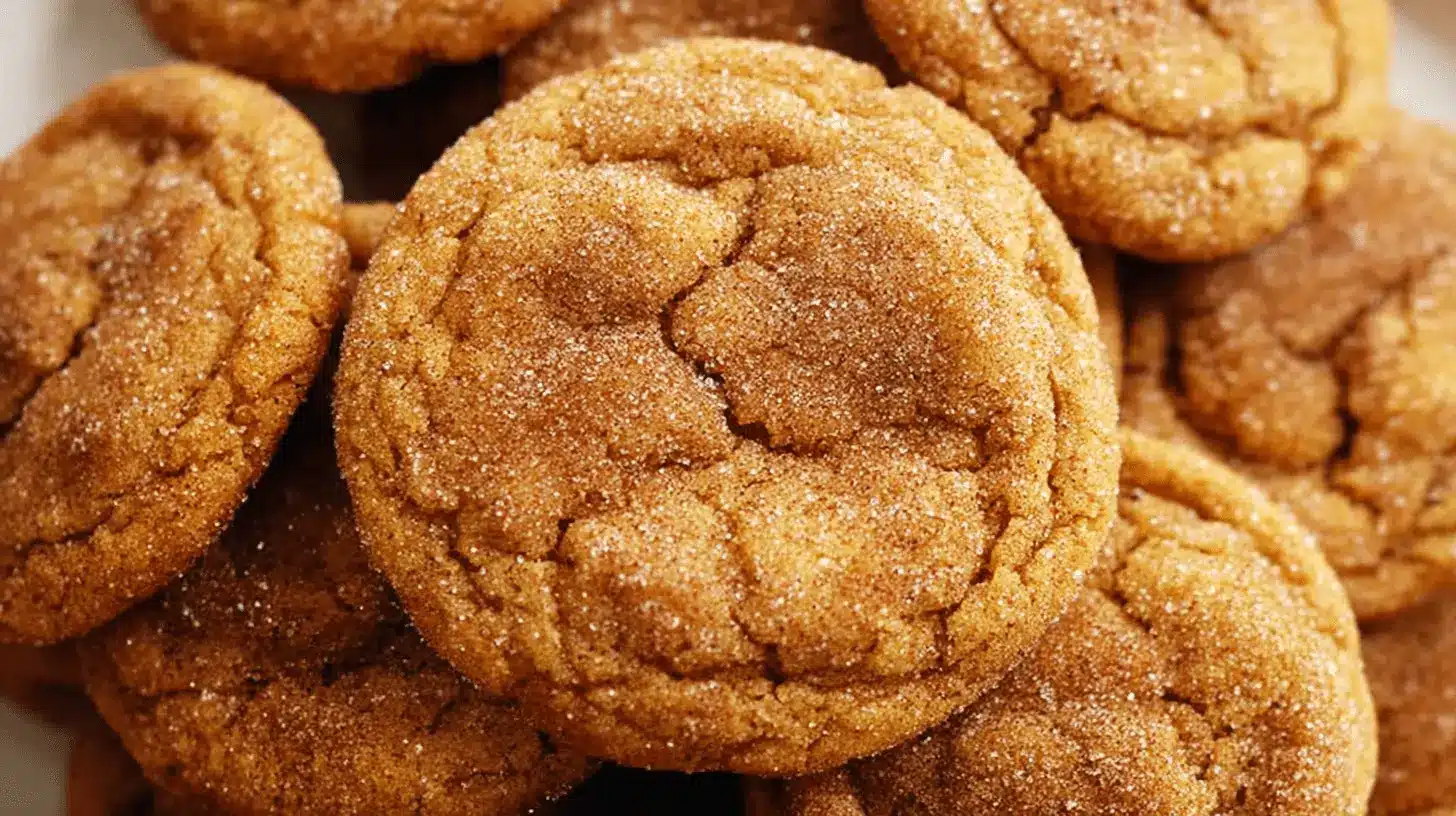 Close-up of freshly baked pumpkin cookies with crinkled, spiced sugar tops, perfect for a pumpkin cookie recipe.