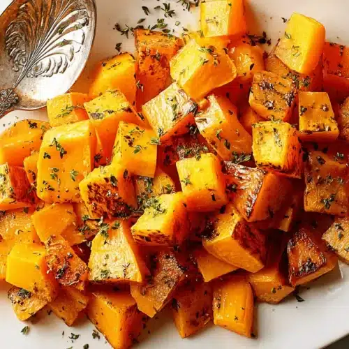 Diced roasted butternut squash with fresh herbs on an elegant white platter.