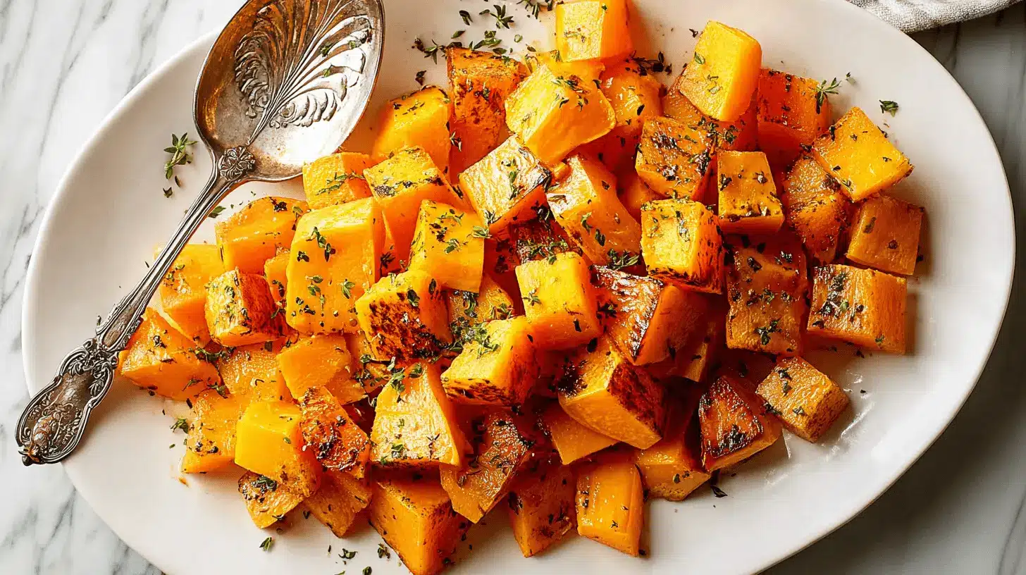 Diced roasted butternut squash with fresh herbs on an elegant white platter.