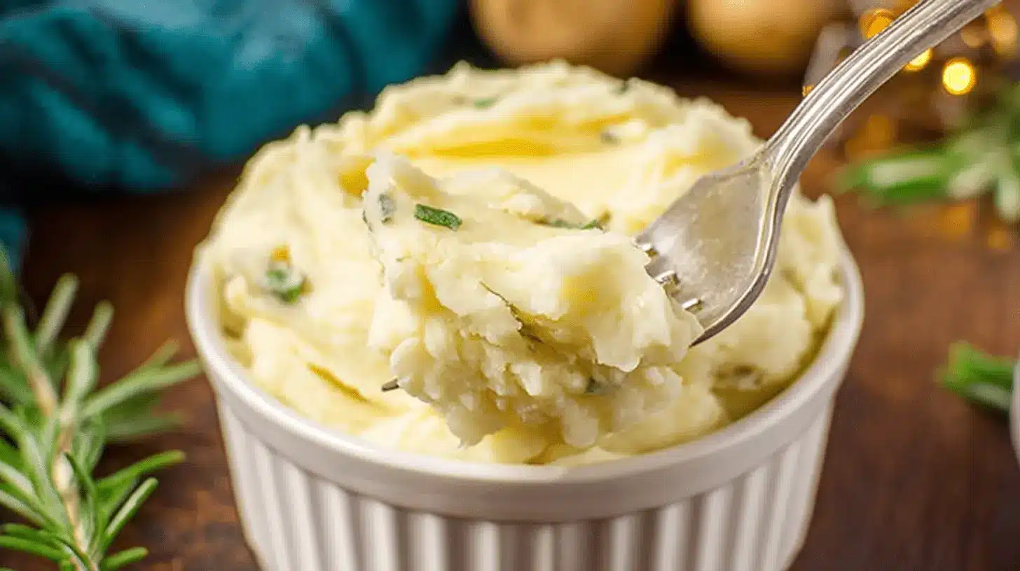 A fork scoops a generous portion of creamy Rosemary Garlic Mashed Potatoes, garnished with fresh herbs and a sprig of rosemary on a dark wooden surface.