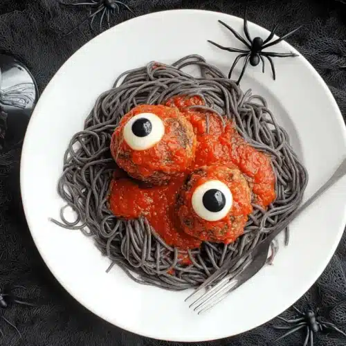 Top-down view of Halloween-themed spaghetti and eyeball meatballs surrounded by spooky decorations.
