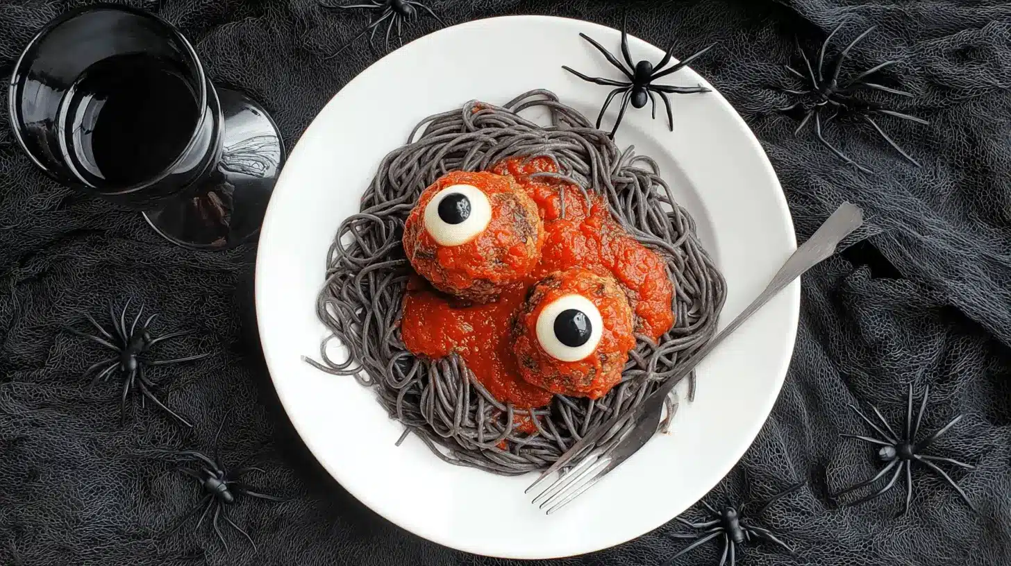 Top-down view of Halloween-themed spaghetti and eyeball meatballs surrounded by spooky decorations.