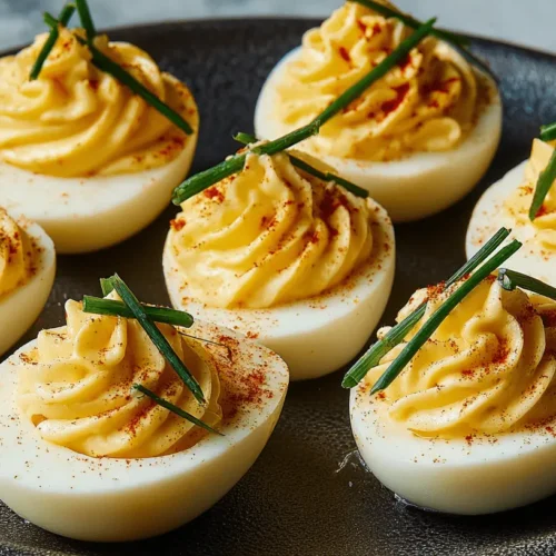 Seven beautifully garnished deviled eggs on a dark platter, a perfect choice for Thanksgiving appetizer recipes.