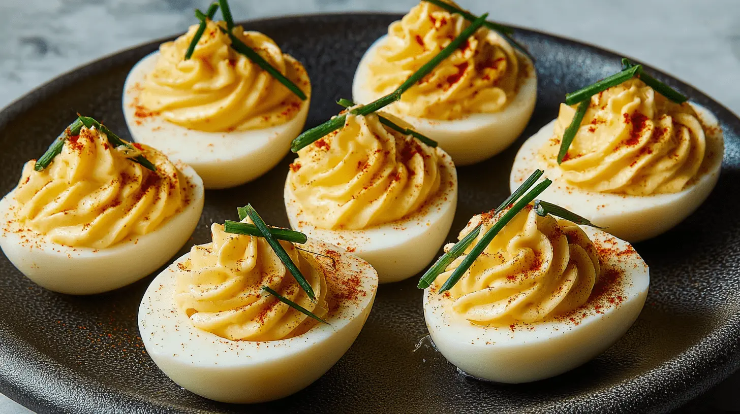 Seven beautifully garnished deviled eggs on a dark platter, a perfect choice for Thanksgiving appetizer recipes.