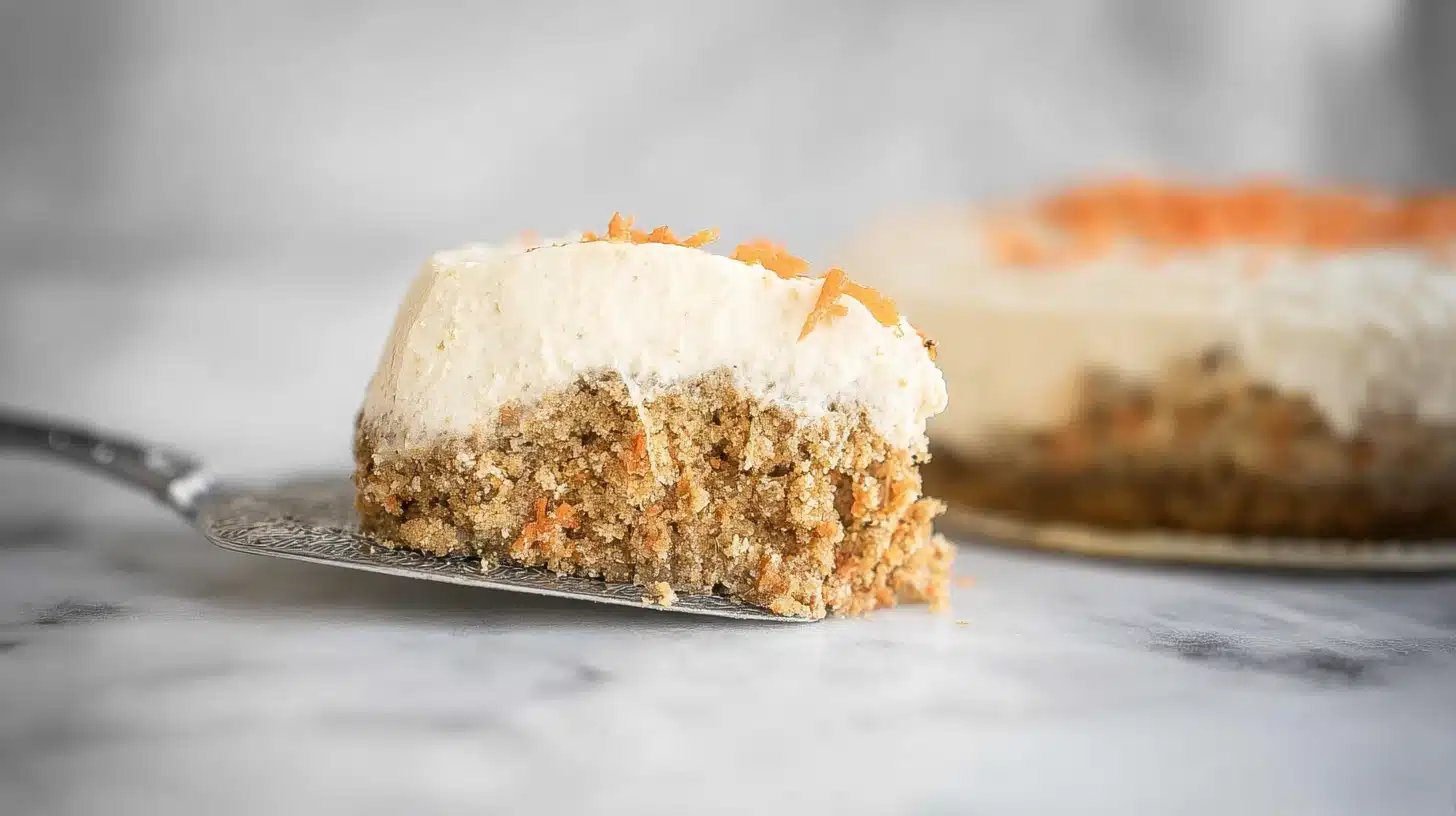 A slice of carrot cake cheesecake with a moist carrot-spice cake base, silky cheesecake layer, and a fluffy cream topping, garnished with shredded carrots.
