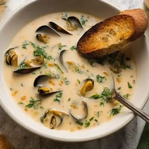 Creamy clam chowder in a white bowl with open clam shells, chopped herbs, and a toasted baguette slice on top, with scattered crostini around the bowl.