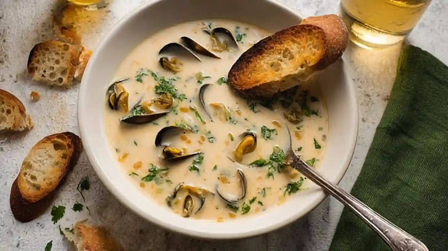 Creamy clam chowder in a white bowl with open clam shells, chopped herbs, and a toasted baguette slice on top, with scattered crostini around the bowl.