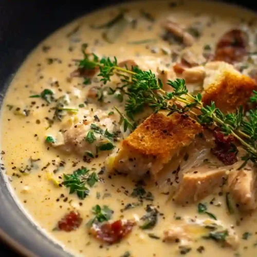 Bowl of creamy “Marry Me” chicken soup with tender chicken pieces, herbs, sundried tomatoes, and golden croutons, garnished with fresh thyme.