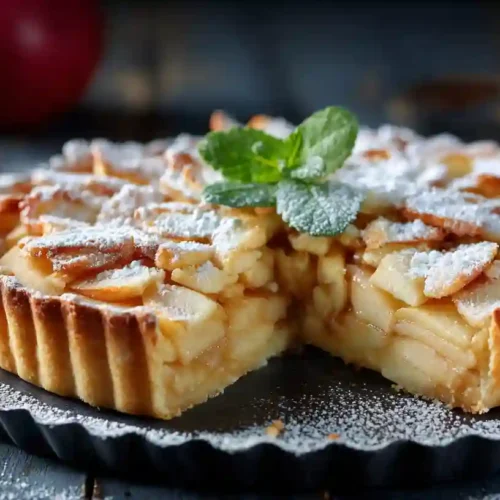 Rustic French-style apple tart dusted with powdered sugar and topped with a sprig of mint, with a slice removed to show layered apple filling.