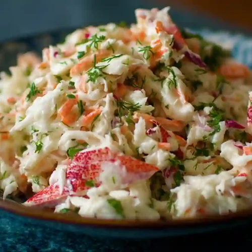 Creamy crab salad in a blue bowl with shredded crab, carrots, red onion, and fresh dill.