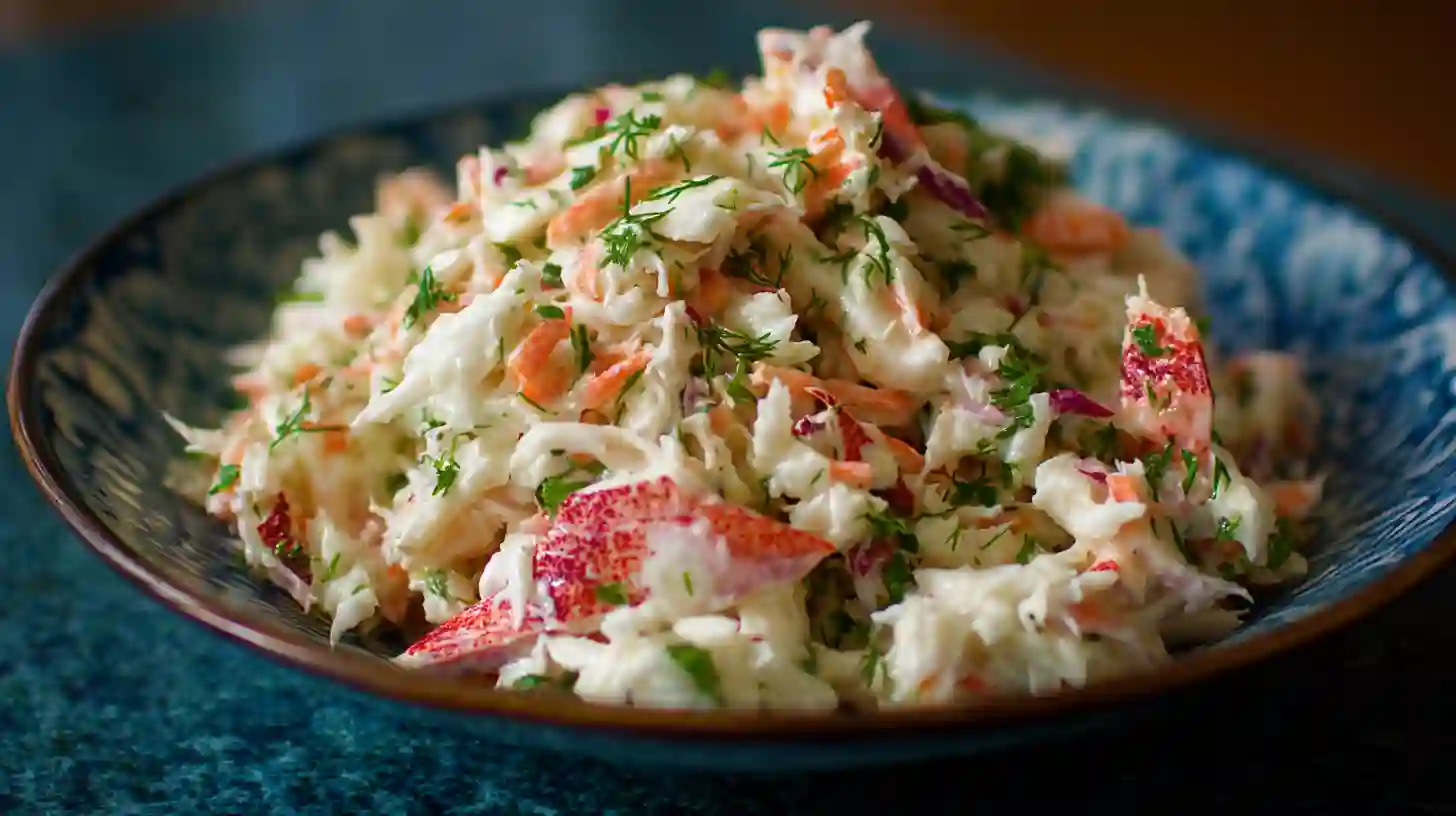 Creamy crab salad in a blue bowl with shredded crab, carrots, red onion, and fresh dill.