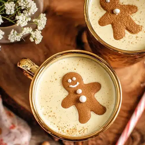 A festive glass of creamy eggnog with a splash of Baileys Irish Cream, topped with a sprinkle of ground cinnamon and a cinnamon stick garnish, perfect for holiday celebrations.