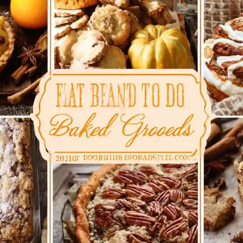 Collage of cozy fall baked goods—mini custard tart with chocolate chips, powdered crumb loaf, pecan pie, frosted cinnamon roll, spiced cookie bars, and assorted cookies framed by a vintage “Baked Goods” label.