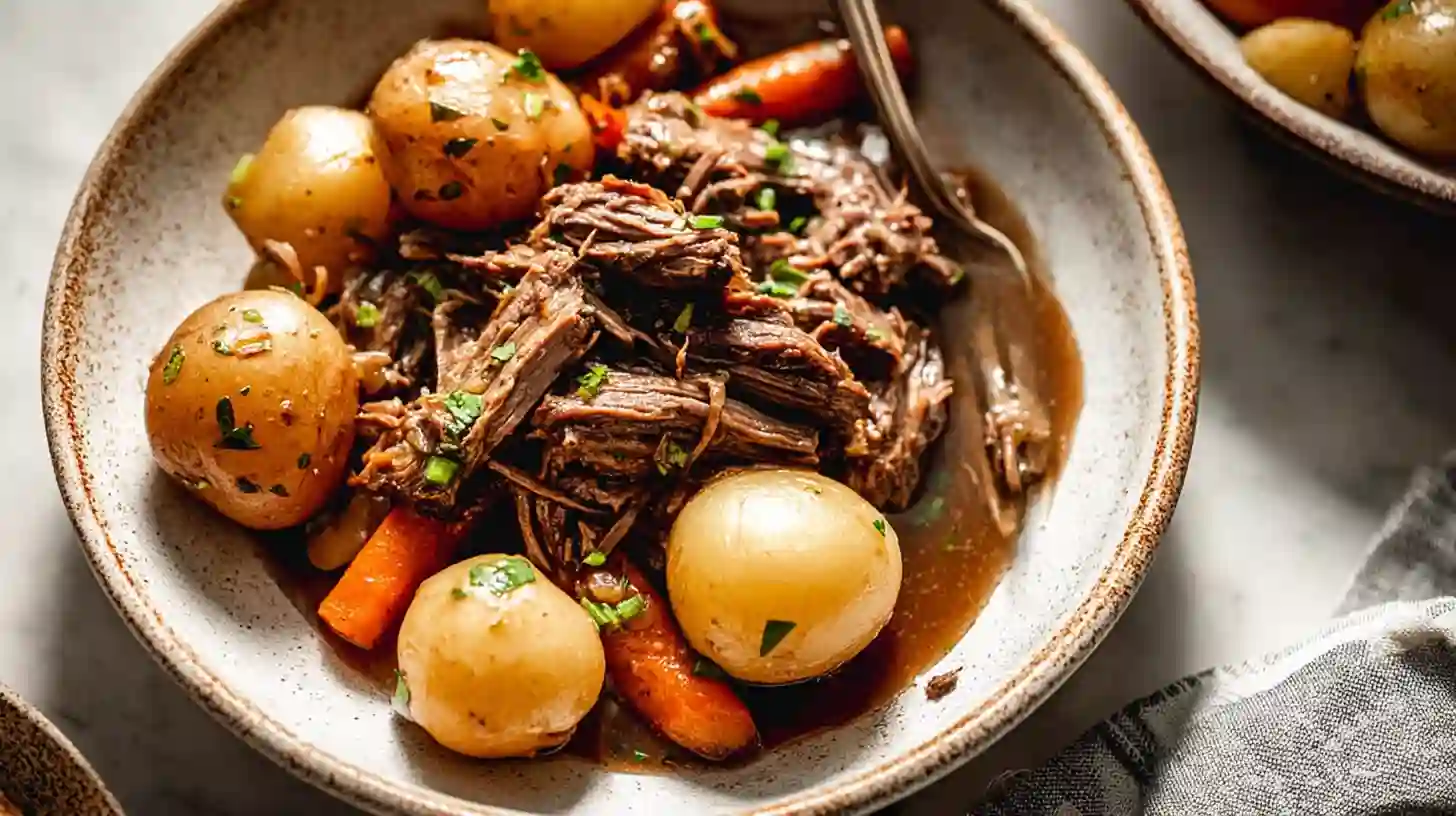 Bowl of tender shredded pot roast with baby potatoes and carrots in rich brown gravy, garnished with parsley.