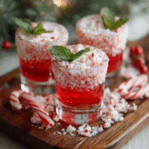 Three red peppermint Christmas shots in sugar-candy rims, topped with fresh mint, on a wooden tray with crushed candy canes.