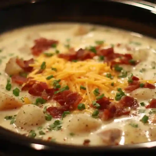 Crockpot potato soup with tender potato chunks in a creamy broth, topped with shredded cheddar, , and chopped chives.