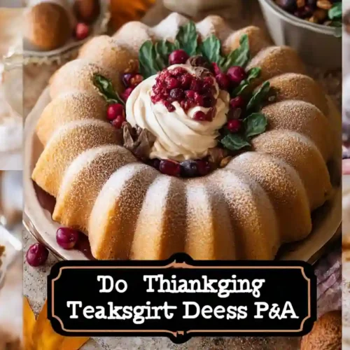 Thanksgiving dessert collage with a sugared bundt cake topped with whipped cream and cranberries, plus side shots of spiced doughnuts, crumble, pumpkin, and peanut butter.