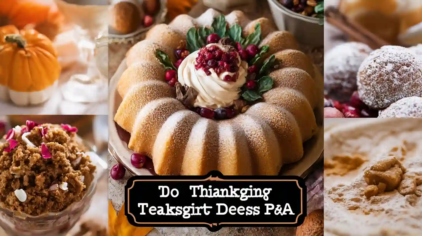 Thanksgiving dessert collage with a sugared bundt cake topped with whipped cream and cranberries, plus side shots of spiced doughnuts, crumble, pumpkin, and peanut butter.