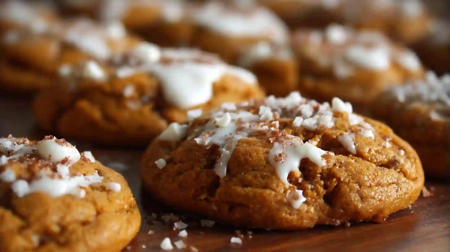 Soft, chewy pumpkin cookies topped with a drizzle of white icing and crunchy sugar on a baking board.