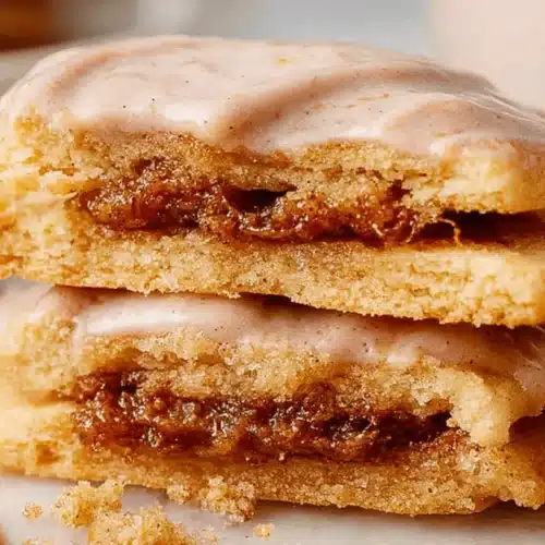 Close-up of stacked Brown Sugar Pop Tart Cookies, with two broken open to show the rich, gooey brown sugar filling and creamy glaze.