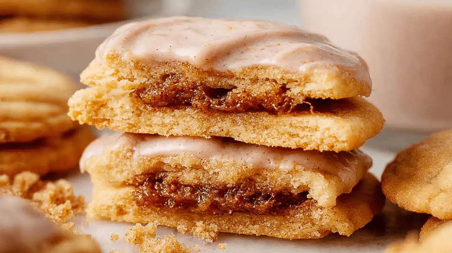 Close-up of stacked Brown Sugar Pop Tart Cookies, with two broken open to show the rich, gooey brown sugar filling and creamy glaze.