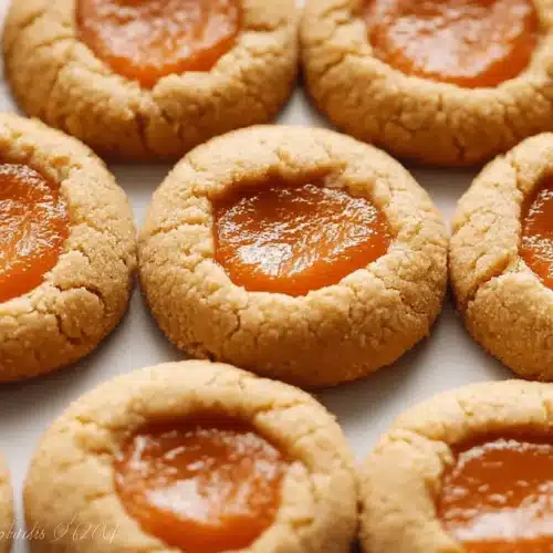 A close-up, high-angle view of golden-brown pumpkin pie cookies with vibrant orange jam filling, arranged on a light surface.