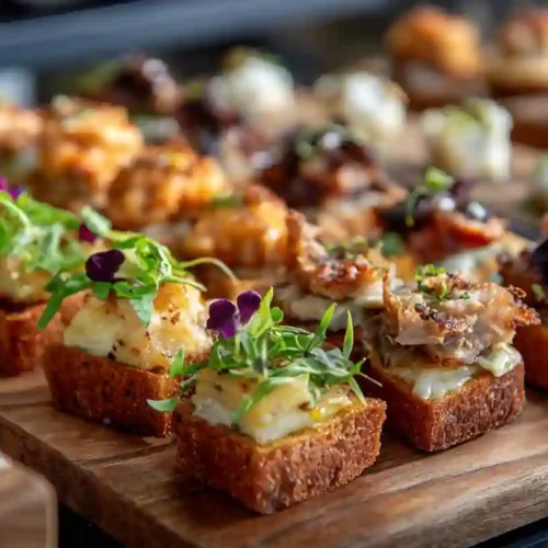 Gourmet event canapés on wooden boards, topped with cheeses, meats, and microgreens, arranged in neat rows
