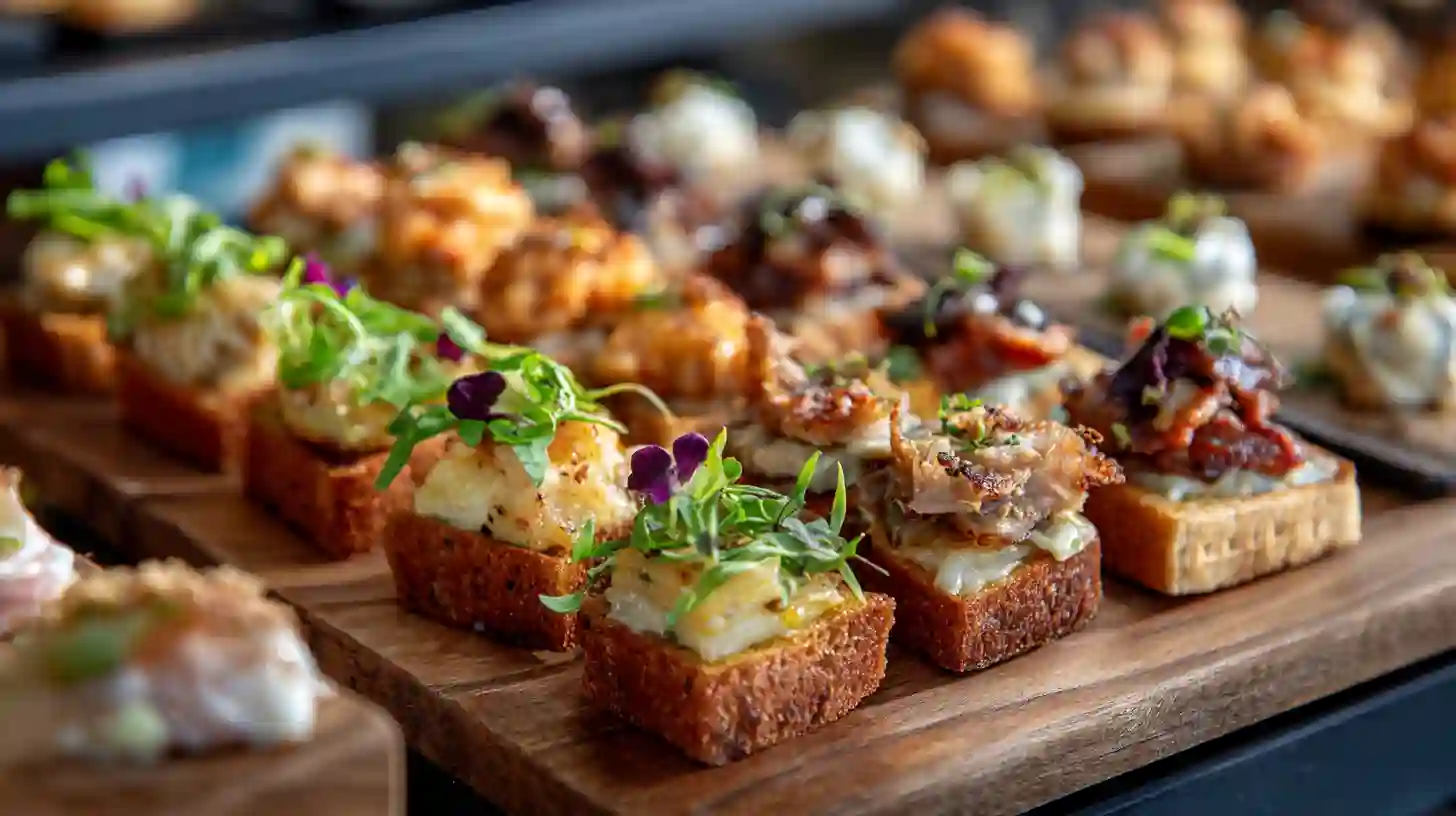 Gourmet event canapés on wooden boards, topped with cheeses, meats, and microgreens, arranged in neat rows