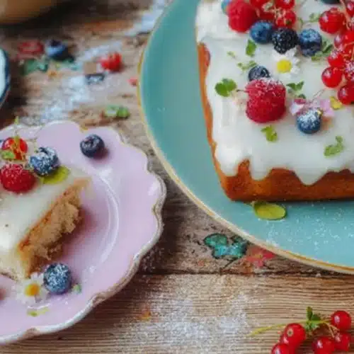 Unique birthday cake squares with white icing and fresh berries on pastel plates, alongside a larger berry‑topped sheet cake.