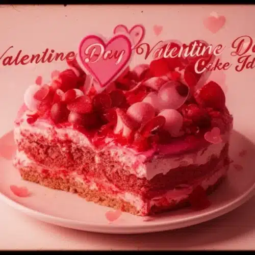 Slice of pink and red Valentine’s Day layer cake topped with heart candies and sprinkles on a white plate, with floating heart graphics.