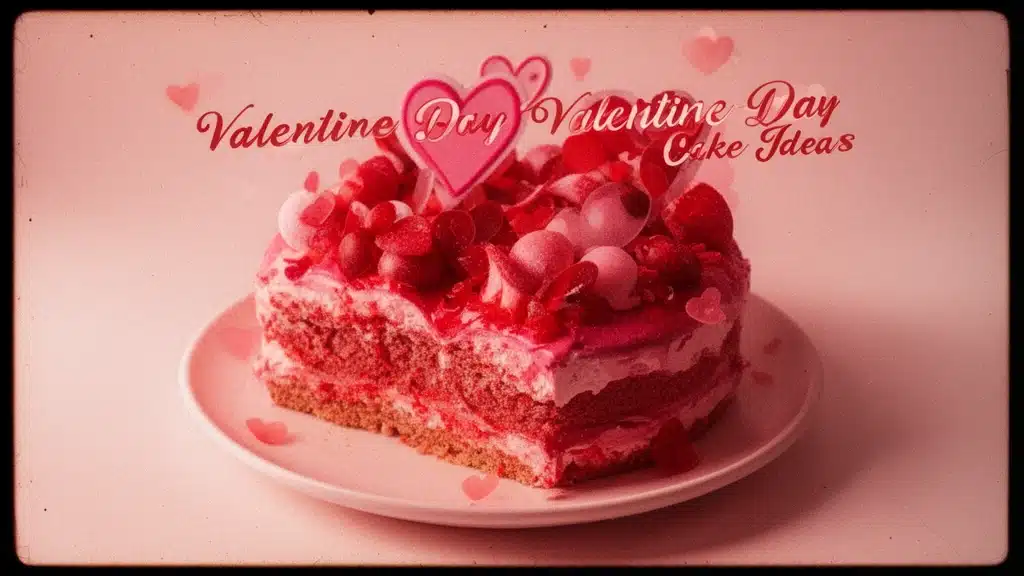 Slice of pink and red Valentine’s Day layer cake topped with heart candies and sprinkles on a white plate, with floating heart graphics.