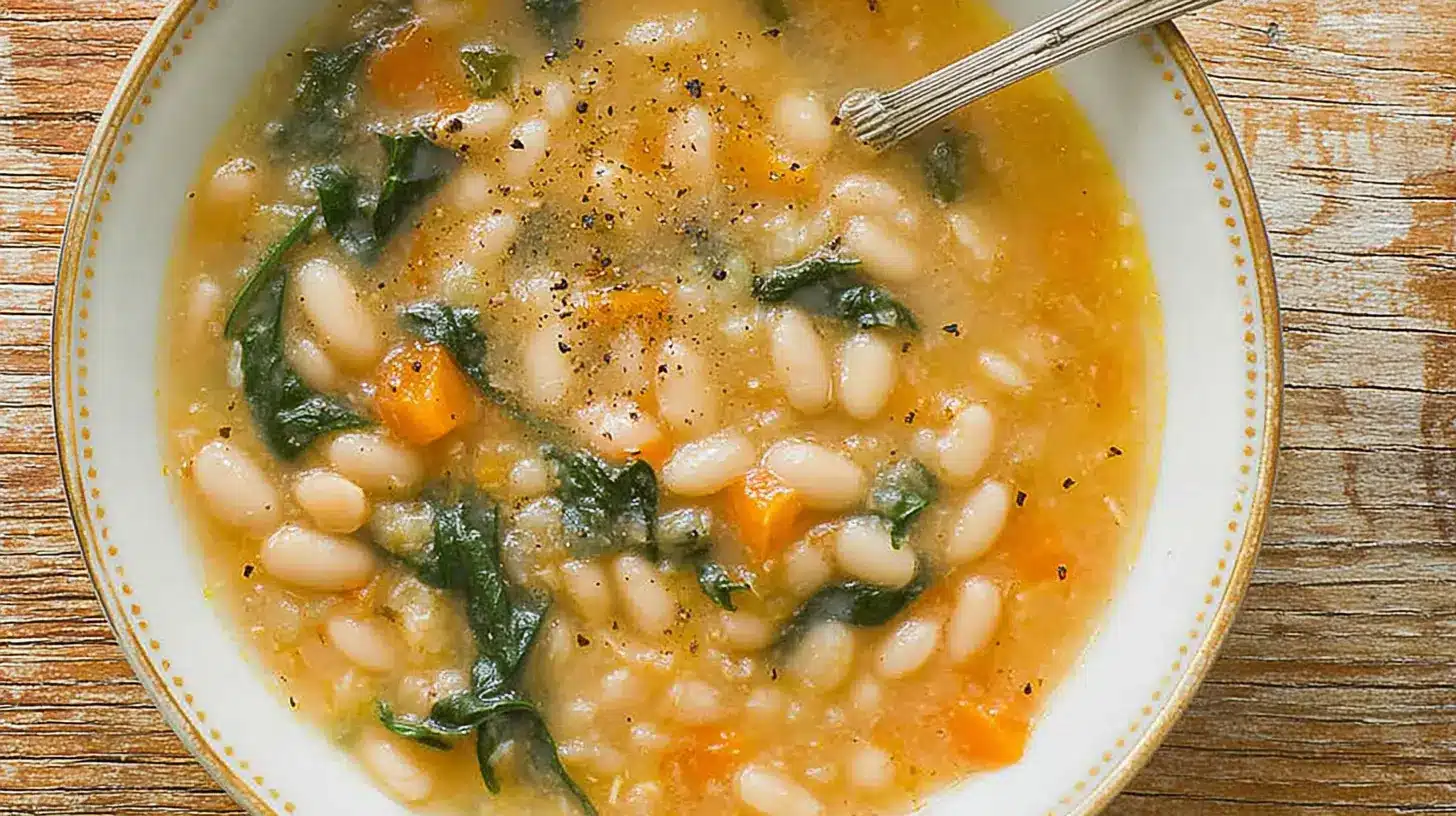 Overhead view of a comforting bowl of the Best White Bean Soup, featuring creamy white beans, vibrant green leafy vegetables, and carrots on a rustic wooden table.