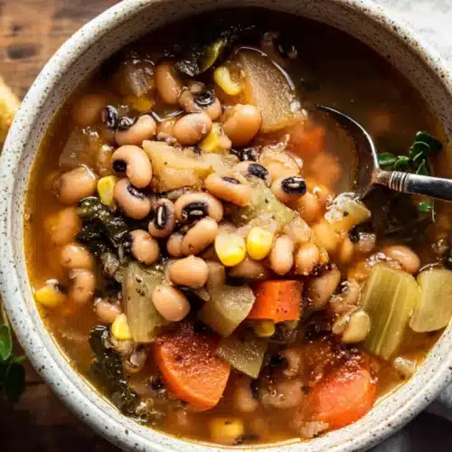 Warm bowl of Blackeyed Pea Soup with cornbread on a rustic wooden table.