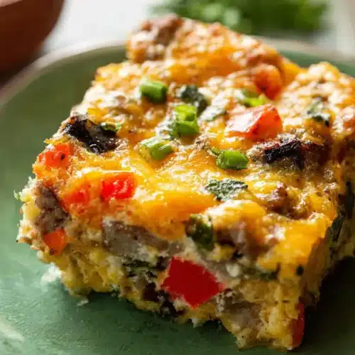Savory slice of cheesy egg and sausage Breakfast Casserole Make Ahead with bell peppers and chives on a rustic green plate.