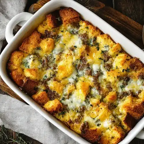 Savory golden-brown Breakfast Casserole with bread, sausage, melted cheese, and fresh herbs on a rustic wooden table.