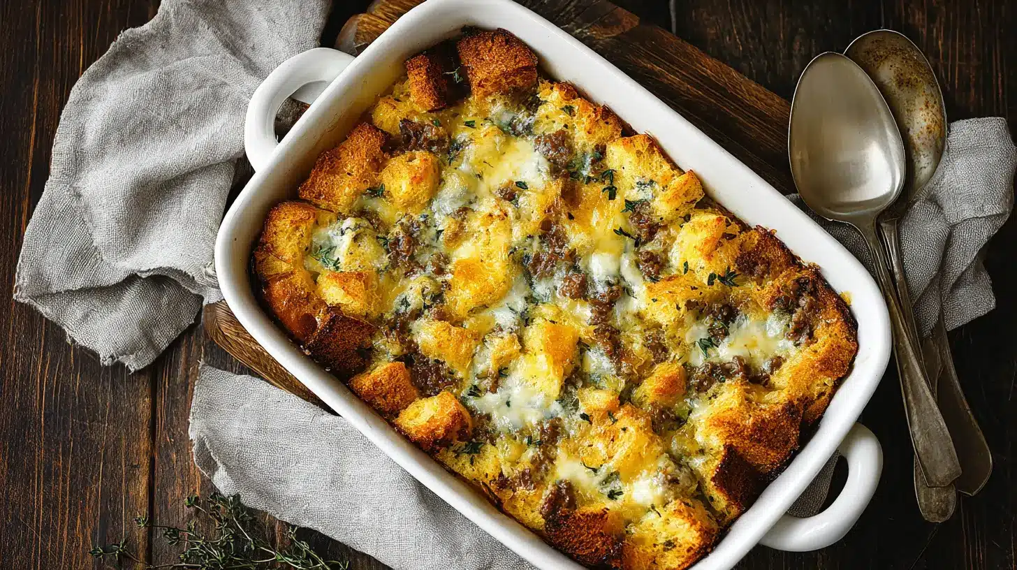 Savory golden-brown Breakfast Casserole with bread, sausage, melted cheese, and fresh herbs on a rustic wooden table.
