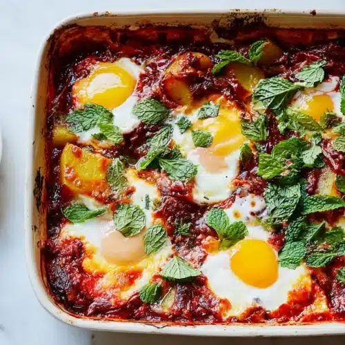 Vibrant baked egg and potato brunch casserole with rich tomato sauce and fresh mint, served on marble.