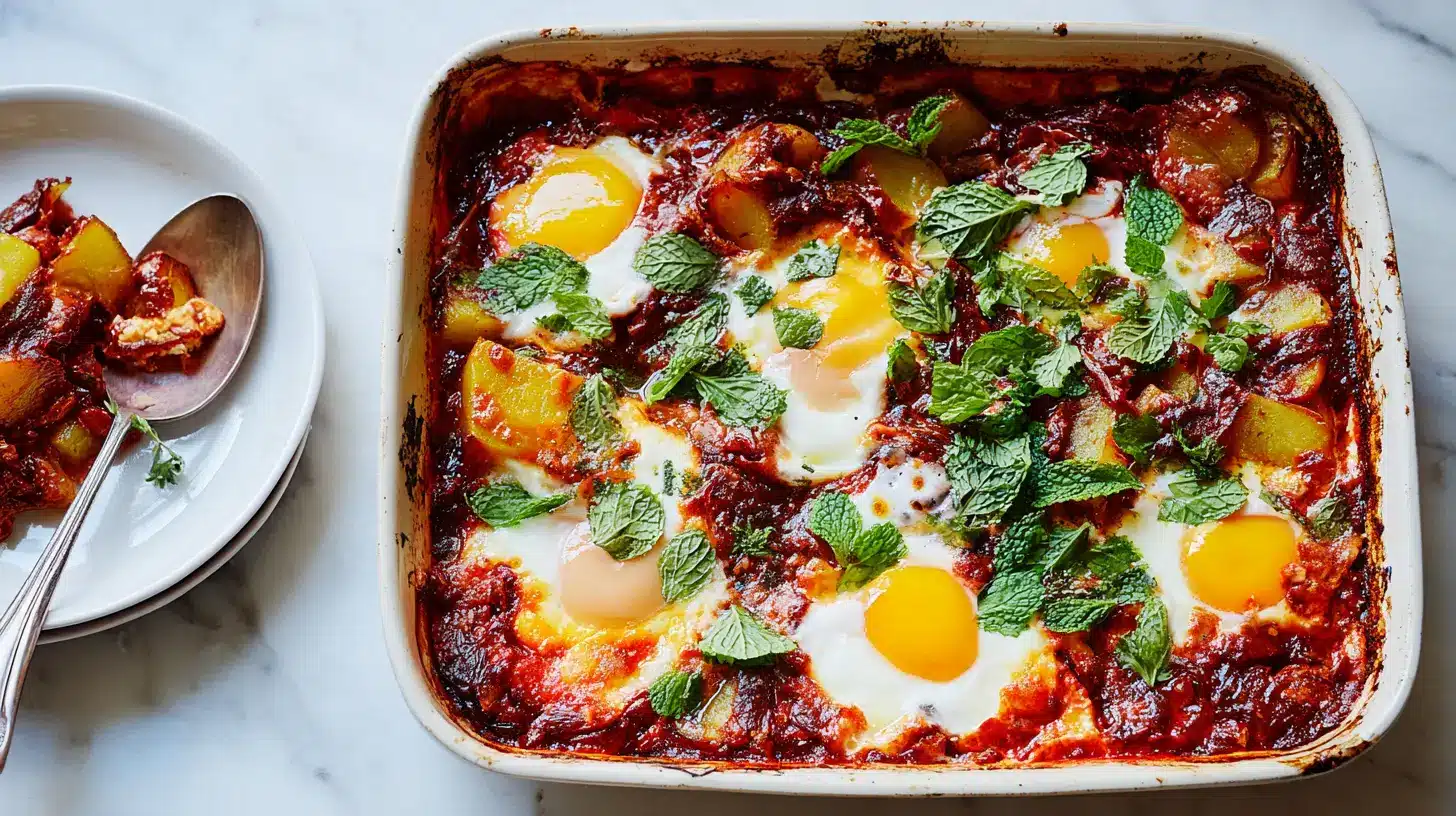 Vibrant baked egg and potato brunch casserole with rich tomato sauce and fresh mint, served on marble.