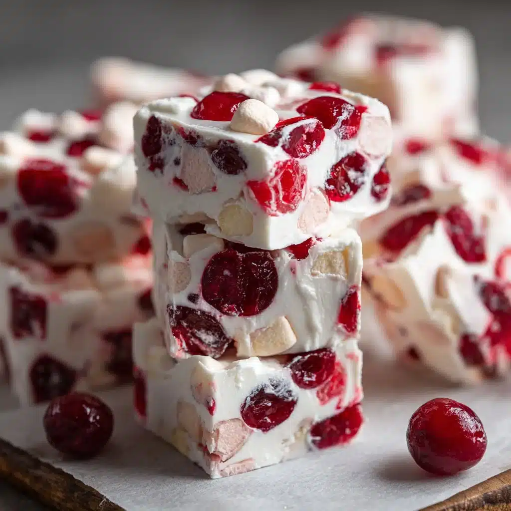 Candied cherry divinity squares on a decorative plate