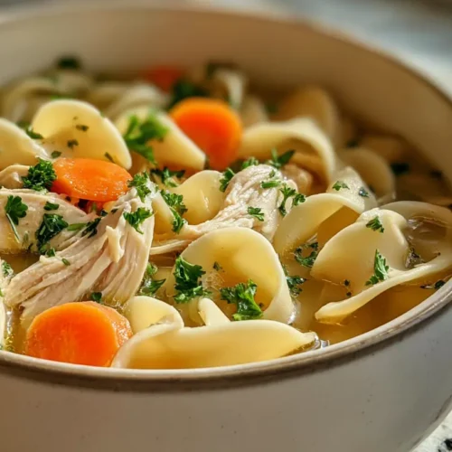 A vibrant close-up of a bowl of Classic Ginger Garlic Chicken Noodle Soup with shell pasta, shredded chicken, carrots, and fresh parsley.