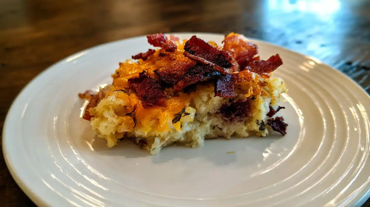 A close-up of a hearty slice of Cracked Out Tater Tot Breakfast Casserole, topped with crispy bacon and gooey melted cheddar cheese, served on a white plate.